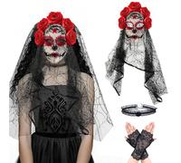 WZBBJuser Day of the Dead Costume Women's Dia De Los Muertos Headband Veil Halloween Headpiece (Black)