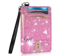WZCJDHMJ Credit Card Holder Slim Wallet with Wristlet Lanyard,RFID Blocking Wallet Card Case with ID Window, Pink Glitter