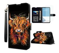 WZCJDHMJ for Samsung Galaxy S23 Ultra Wallet Case with Screen Protector,PU Leather Wrist Strap Credit Card Holder Stand Magnetic Flip Protective Cases for Galaxy S23 Ultra 5G-Art Highland Cow