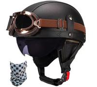 WZGGTEAM German Style Leather Motorcycle Half Helmet, DOT/ECE Approved Retro Open Face Helmet with Goggles Street Motorcycle Half Shell Cap Moped Helmet for Chopper Cruiser Scooter