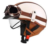WZGGTEAM Leather Half Helmet German Style, Retro Open Face Helmet with Goggles, DOT/ECE Approved Motorcycle Half Shell Cap for Chopper Cruiser Scooter Bike