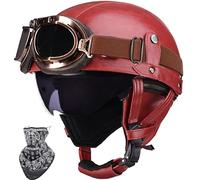 WZGGTEAM Retro Motorcycle Half Helmet with Goggles, DOT/ECE Certified Leather Open-Face Helmet, Quick Release Buckle, Adult Half Shell Jet Helmet for Cruiser, Scooter, Vintage (55-62CM)
