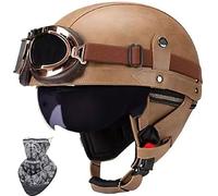 WZGGTEAM Retro Motorcycle Half Helmet with Goggles, DOT/ECE Certified Leather Open-Face Helmet, Quick Release Buckle, Adult Half Shell Jet Helmet for Cruiser, Scooter, Vintage (55-62CM)