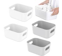 WZHHDM 4PCS Plastic Storage Baskets with Handle, 21×14×7 cm Kitchen Cupboard Organiser, Cupboard Storage Organiser for Bathroom, Kitchen, Fridge, Cupboard, Office - White+Gray
