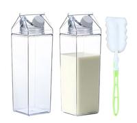 WZHHDM Milk Carton Water Bottle, 2pcs Clear Milk Carton, 500ml Clear Square Milk Bottles Reusable Milk Carton Container With Brushes for Camping Activities Outdoor Sports Travel