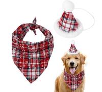 Wziys Christmas Dog Bandana Hat, Snowflake Red Plaid Triangle Scarf Santa Hat Dog Christmas Party Dress Outfit Accessories for Medium Large Dogs