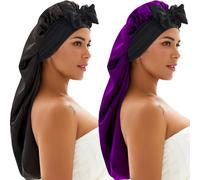 Wzl Wlg 2 Pcs Silk Bonnet for Sleeping, Anti-slip Satin Bonnet with Tie Band for Women Men Long Curly Hair Braids Black & Purple, One Size-3X-Large
