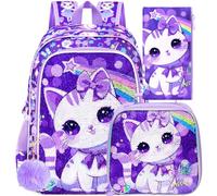WZLVO 3PCS Girls Cat Backpack Set - 16" Sparkly Sequins School Bag, Cute Lunch Box & Bookbag for Preschool to Elementary