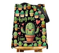 WZMPA Cactus Potted Plant Tote Bag Cactaceae Lover Gift Hug Me I Dare You Reusable Grocery Bag Cactus Scrub Merch, Hug Me Bl Tg, L