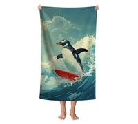 WZOMT Microfiber Penguin Beach Towel Oversized, Cute Penguin Surfing Ocean Animal Blue Bath Towels for Adults Kids, Soft Quick Dry Absorbent Sandproof Travel Swim Pool Towels 32x52 Inch