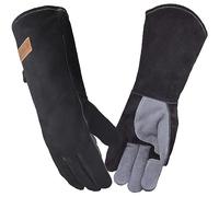 WZQH 40 CM / 16 IN, Leather BBQ Gloves, Fire and Heat Resistant Mitts for Barbecue, Welding, Firefighting, Fireplace, Oven, Baking, Stove, Pot Holder, Animal Handling. Grey-black Large Fireproof Glove