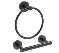 WZRUA Toilet Roll Holder & Towel Ring, 2pcs Bathroom Accessories Set Wall Mounted, Stainless Steel Toilet Paper Holder and Hand Towel Holder for Bathroom and WC (Matte Black)