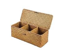 WZTHLF Rectangle Hand Woven Basket Desktop Natural Bamboo Weaving Storage Box 3-Slot Sundries Organiser Cosmetic Container Case