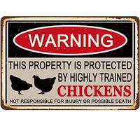 WZVZGZ Chicken Coop Vintage Tin Metal Sign Funny Property Protected by Chickens Metal Tin Sign Wall Plaque Farmhouse Henhouse Indoor Outdoor Wall Decor 5.5x8 Inch