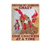 WZVZGZ Driving My Husband Crazy One Chicken at A Time Tin Metal Sign Wall Decor Fun Decoration for Home Kitchen Bar Room Garage Vintage Poster Plaque 8"x 12"