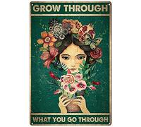 WZVZGZ Grow Through What You Go Through Sign Metal Tin Sign Wall Decor Tin Signs for Labour Day Decor Gifts Best Farmhouse Decor Gifts Women Men Friends 5.5x8 Inch