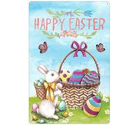 WZVZGZ Happy Easter Eggs Basket Bunny Spring Flowers Butterfly Artwork Signs for Home Novelty Metal Tin Signs Retro Plate Desserts Shop Cafe Decor Farmhouse Sign 5.5x8 Inch