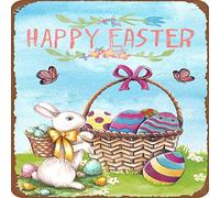 WZVZGZ Rust Metal Square Tin Sign Happy Easter Eggs Basket Bunny Spring Flowers Butterfly Artwork Signs for Home Novelty Metal Tin Signs Retro Plate Desserts Shop Cafe Decor Farmhouse Sign 12x12 Inch
