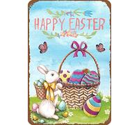 WZVZGZ Rustic Metal Tin Sign Happy Easter Eggs Basket Bunny Spring Flowers Butterfly Artwork Signs for Home Novelty Metal Tin Signs Retro Plate Desserts Shop Cafe Decor Farmhouse Sign 5.5x8 Inch