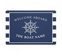 WZXKR Personalized Doormat Nautical Wheel Anchor Personalised Welcome Aboard Door Mat Boat Name Navy Blue Striped Doormat Rug Carpet Non Slip Home Decor