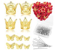 Wzxksoac 140 Pcs Flower Corsage Accessories Set,4 Pcs Mini Gold Crown 36 Pcs 3D Gold Butterfly Stickers and 100 Pcs Diamond Pins