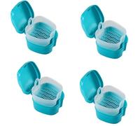 Wzxksoac 4X Blue Denture Case, Denture Cup with Strainer, Denture Bath Box False Teeth Storage Box with Basket Net Holder