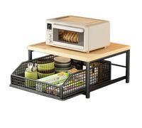 Wzxksoac Space-Saving Kitchen Countertop Organizer with Drawer & Wire Basket - Sturdy Hardwood Shelf for Coffee Maker. Black