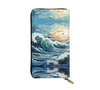 WZYCWB 7.5 * 4.1 inch long clutch bag, Wave Sailboat Seagull leather wallet, zipper compartment large capacity, a good gift for friends, Black, One Size, Black, One Size