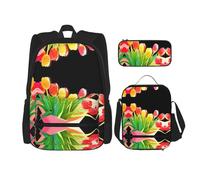 WZYCWB A bouquet of tulips Campus life backpack set (3 pieces) - school bag + pencil case + lunch bag, meet all the daily needs of students!