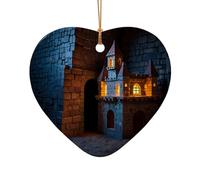 WZYCWB a small castle patterned Heart Shape ceramic pendant, perfect for decorating your home Christmas tree for winter parties