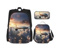 WZYCWB Airplanes are soaring Backpack set (3-piece set) - student school bag + pencil case + lunch bag, large capacity backpack, Black, One Size, Black, One Size