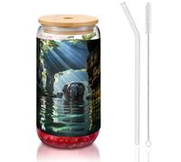 WZYCWB Asian elephant in the water Printed bamboo lid glass for hot and cold iced coffee, milk tea, and beer. A stylish water cup.