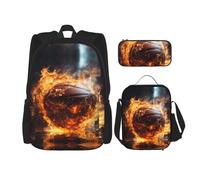 WZYCWB Basketball on Fire and Water Flame Splashing Backpack (3-piece set), large capacity backpack, student school bag, pencil case, lunch bag combination