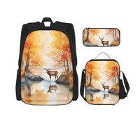 WZYCWB beautiful deer Backpack set (3-piece set) - student school bag + pencil case + lunch bag, large capacity backpack, Black, One Size