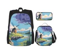 WZYCWB beautiful river windmill Backpack set (3-piece set) - student school bag + pencil case + lunch bag, large capacity backpack, Black, One Size