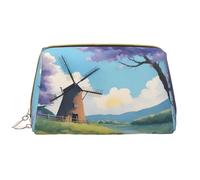 WZYCWB beautiful river windmill Leather cosmetic bag with pockets, portable travel cosmetic bag, large capacity cosmetic storage bag,