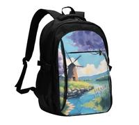 WZYCWB beautiful river windmill Printed laptop backpack, business men's commuter backpack, computer bag with USB port charging