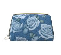 WZYCWB Beautiful roses on blue background Leather cosmetic bag with pockets, portable travel cosmetic bag, large capacity cosmetic storage bag,