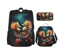 WZYCWB Beautiful Seahorse Couple School Bag + Pencil case + Lunch Bag Combination Backpack Suitable for Everyday Commuting