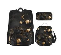 WZYCWB black and gold plaid Backpack (3-piece set), large capacity backpack, student school bag, pencil case, lunch bag combination