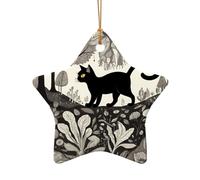 WZYCWB Black cat in strange forest patterned Star Shape ceramic pendant, perfect for decorating your home Christmas tree for winter parties