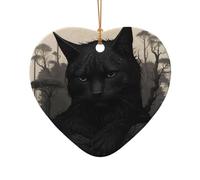 WZYCWB Black cat watching patterned Heart Shape ceramic pendant, perfect for decorating your home Christmas tree for winter parties