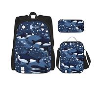 WZYCWB Blue Killer Whale Backpack set (3-piece set) - student school bag + pencil case + lunch bag, large capacity backpack, Black, One Size