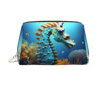 WZYCWB Blue Seahorse Patterned Leather Cosmetic Bag - Perfect for Carry-On or Home Organization