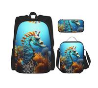 WZYCWB Blue Seahorse School Bag + Pencil case + Lunch Bag Combination Backpack Suitable for Everyday Commuting