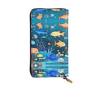 WZYCWB Blue underwater world of fish Leather wallet, zipper compartment large capacity, good gift for friends, 7.5 * 4.1 inch long clutch, Black, One Size, Black, One Size