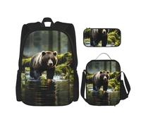 WZYCWB brown bear pounce Backpack set (3-piece set) - student school bag + pencil case + lunch bag, large capacity backpack, Black, One Size