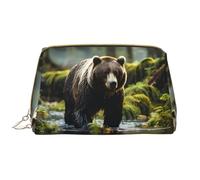 WZYCWB brown bear pounce Leather cosmetic bag with pockets, portable travel cosmetic bag, large capacity cosmetic storage bag,