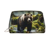 WZYCWB Brown Bear Pounce Patterned Leather Cosmetic Bag - Perfect for Carry-On or Home Organization