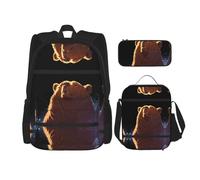 WZYCWB Brown bear with head raised Backpack set (3-piece set) - student school bag + pencil case + lunch bag, large capacity backpack
